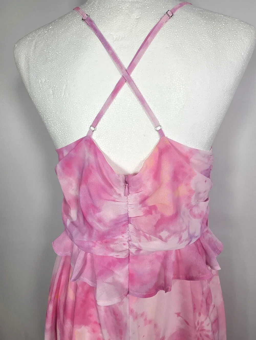 Tularosa Pink Tie Dye Ruffle High Low Midi Dress‎ Strappy L